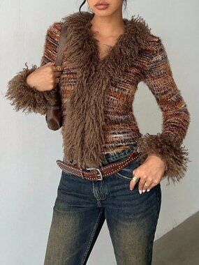Multicolor Party Women's Contrast Faux Fur Deep V Neck Slim Fit Long Sleeve Top